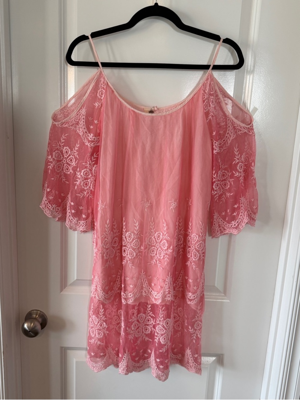 Pink Lace Mesh Overlay Cold Shoulder Dress Sz Small Fairy Boho Prairie